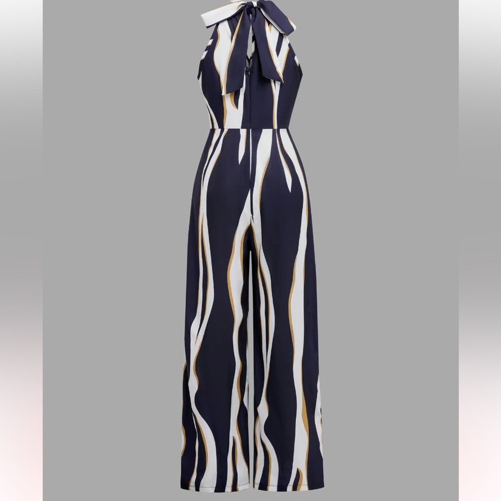 Tie Back Zipper Flattering Tummy Jumpsuit, Elegant Keyhole Straight Leg Jumpsuit